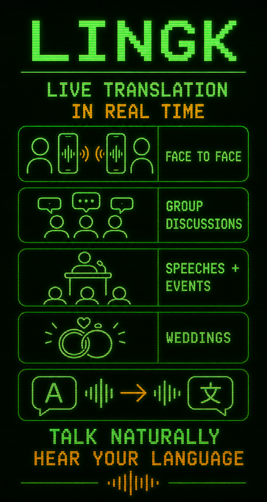 Lingk. Live translation in real time. Face to face. Group discussions. Speeches and events. Weddings. Talk naturally, hear your language.